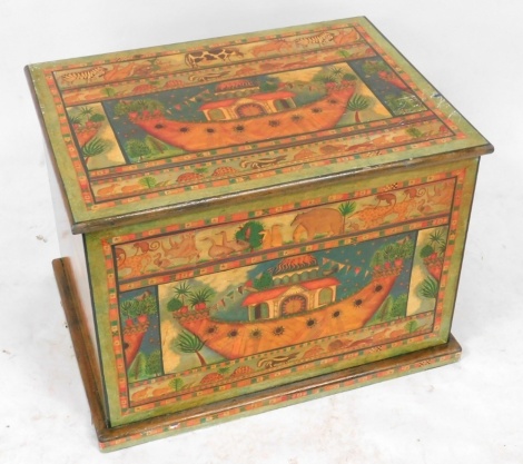 A painted wooden toy box, decorated to the sides and lid with scenes from Noah's Ark, 46cm high, 63cm wide, 47cm deep.