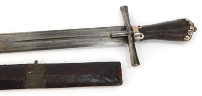 A 19thC Sudanese fighting sword, with white metal knop to the leather hand grip, with cross hilt, the blade having stylised sun to one side and big cat engraved verso, 92cm long, and leather scabbard with metal mounts, 112cm overall length.