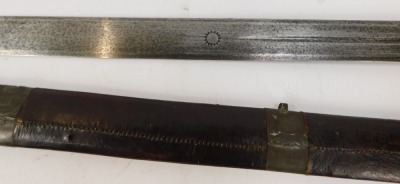 A 19thC Sudanese fighting sword, with white metal knop to the leather hand grip, with cross hilt, the blade having stylised sun to one side and big cat engraved verso, 92cm long, and leather scabbard with metal mounts, 112cm overall length. - 4