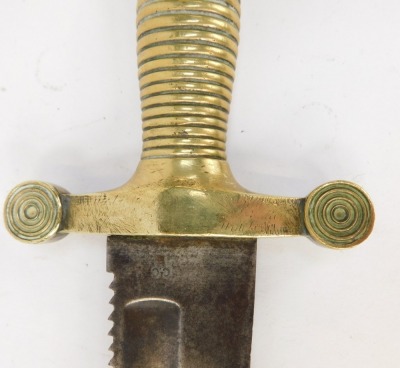 A 19thC Imperial Russian Pioneer 1838 sawback sword, with a brass ringed topped, inscribed Taken at the Fall 8th September 1855, probably Siege of Sevastopol during the Crimean War, with a serrated steel blade stamped CC and GT, 82cm long. - 5