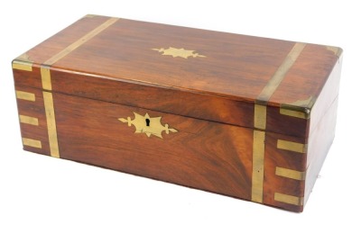 A 19thC mahogany and brass bound campaign writing box, with green tooled writing slope, and brass escutcheons, 18cm high, 50cm wide, 26cm deep.