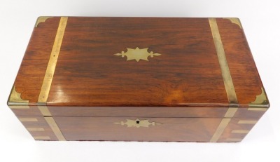 A 19thC mahogany and brass bound campaign writing box, with green tooled writing slope, and brass escutcheons, 18cm high, 50cm wide, 26cm deep. - 2