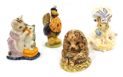 Four Beswick Beatrix Potter figures, comprising Old Mr Pricklepin, Lady Mouse, Sally Henny Penny and Tabitha Twitchell and Miss Moppet, brown back stamps. (4)