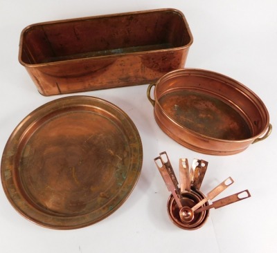 A Victorian copper kettle, further kettle, pair of salvers, two planters, graduated set of seven measuring spoons. - 2