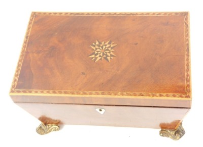 A Georgian mahogany and inlaid tea caddy, the marquetry inlaid lid opening to reveal two compartments flanking a mixing bowl recess, with cut glass bowl, raised on brass scroll feet, 16cm x 30cm x 19cm. - 3