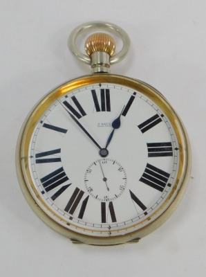 An early 20thC silver plated Goliath pocket watch, open faced, key less wind, circular enamel dial bearing Roman numerals, subsidiary seconds dial, eight day Swiss movement, the case of plain form, in an Edward VII silver outer strut casing, Chester 1909. - 2