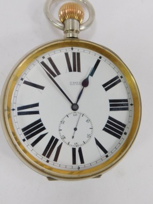 An early 20thC silver plated Goliath pocket watch, open faced, key less wind, circular enamel dial bearing Roman numerals, subsidiary seconds dial, eight day Swiss movement, the case of plain form, in an Edward VII silver outer strut casing, Chester 1909. - 3