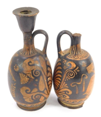 A pair of Attic style 19thC Grecian vases, 22cm high. (AF) Provenance: The Great House Collection, Kegworth. Acquired at auction over 40/50 years ago, sale is unknown. This lot is to be sold WITHOUT RESERVE.