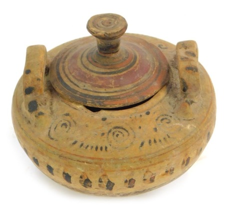 A small earthenware two handled vessel and associated cover, 12cm high. Provenance: The Great House Collection, Kegworth. Acquired at auction over 40/50 years ago, sale is unknown. This lot is to be sold WITHOUT RESERVE.