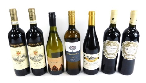 A collection of red and white wine, comprising a Finca Manzanos Rioja, Three Gables Colombard, a Collezione Di Paolo Chianti, two Pillastro Puglia, and a Cotes De Rhone. (7)