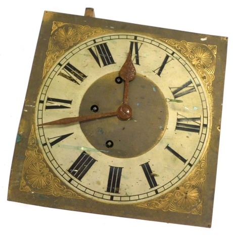 A 19thC brass clock dial and movement, with gold fan decoration, and silver Roman numeric dial, with eight day movement, 30cm x 30cm.