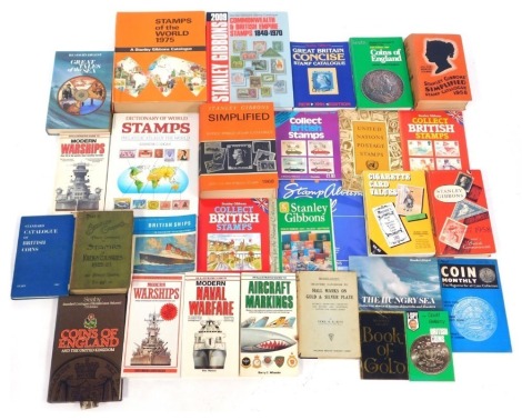 A collection of reference books, to include coin collecting and stamp collecting, British Ships Illustrated, etc. (1 box)