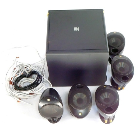 A Kef PSW 2000 audio output, various Kef speakers and cabling. (a quantity)