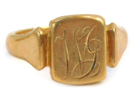 A 9ct gold signet ring, with rectangular panel bearing the initials WJ, ring size H ½, 3.4g all in.