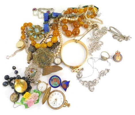 A group of costume jewellery, comprising beaded necklace, plated fob watch, brooches, watch heads, floral posy necklaces, etc, enclosed in a Japanese lacquer circular jewellery box and carved wooden jewellery box. (a quantity)