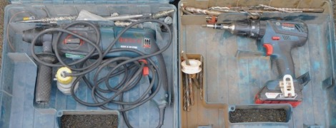 Two cased Bosch power tools, comprising a professional GSB 18 volt cordless drill, and a Bosch GBH 2-26DRE wired pillar drill. (2) Note: VAT is payable on the hammer price of this lot at 20%.