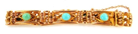 A Victorian style turquoise bracelet, with rectangular panels and central diamond set section, with a turquoise in rub over setting, yellow metal stamped 9ct, 16ccm long, with safety chain, 10g all in.