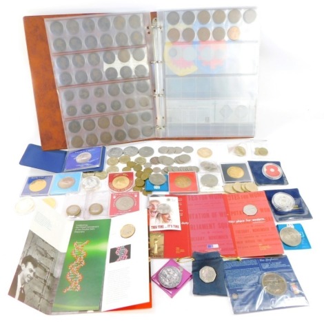 A quantity of coins, to include Victorian and other pennies, various commemorative crowns, Alderney 2006 five pound, etc.