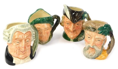 Four small Royal Doulton character jugs, comprising Robinson Crusoe, Robin Hood, The Lawyer, and Auld Mac, each 10cm high. (4)