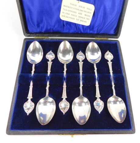 A set of six Edward VII silver teaspoons, with fancy terminals, cased, AJ Bailey, Birmingham 1906, 1.72oz.