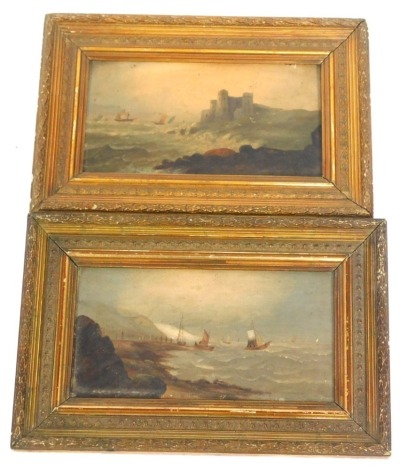 19thC School. Coastal scene with castle, oil on board, and another similar, 15cm x 29cm. (2)