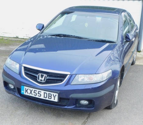 A Honda Accord, Registration KX55 DBY, four door saloon, full leather interior with burr walnut, petrol, 1998cc, MOT to 28th September 2023, first registered 15th Sept 2005, blue, 84,433 recorded miles.