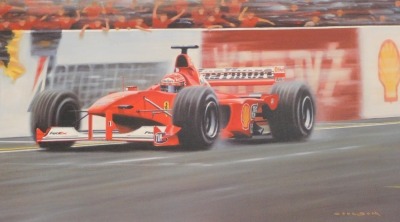 Gerald Coulson. Red October, depicting Michael Schumacher winning the Japanese Grand Prix, signed limited edition artist's print, with blind stamp, signed in pencil 180/650, plate size 35cm x 70cm, with publisher Solomon and Whitehead certificate of authe