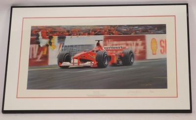 Gerald Coulson. Red October, depicting Michael Schumacher winning the Japanese Grand Prix, signed limited edition artist's print, with blind stamp, signed in pencil 180/650, plate size 35cm x 70cm, with publisher Solomon and Whitehead certificate of authe - 2