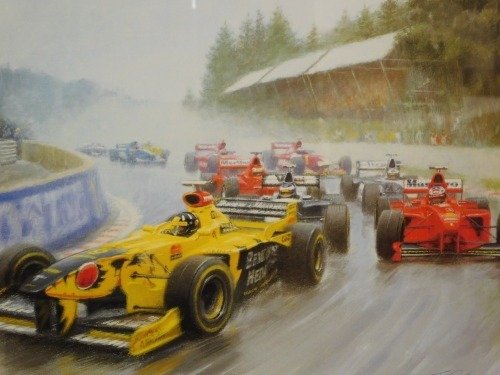 Tony Smith. Jordan's Conquest, Belgium Grand Prix Spa 1998, depicting Damon Hill, artist's limited edition signed print, with blind stamp, signed in pencil numbered 96/395, plate size 35cm x 47cm, with Washington Green certificate of authenticity.