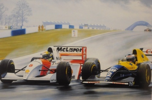 Robert Tomlin. And Senna Goes Through!!!, depicting the 1993 European Grand Prix, signed in pencil by Tom Wheatcroft (Donington Park) and in pencil by the artist 20/750, plate size 27cm x 38cm, and Buccaneer Distributions certificate of authenticity.