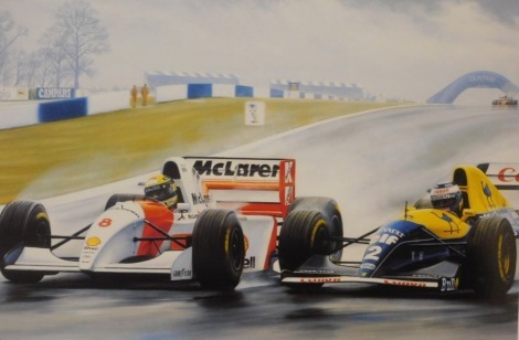 Robert Tomlin. And Senna Goes Through!!!, depicting the 1993 European Grand Prix, signed in pencil by Tom Wheatcroft (Donington Park) and in pencil by the artist 20/750, plate size 27cm x 38cm, and Buccaneer Distributions certificate of authenticity.