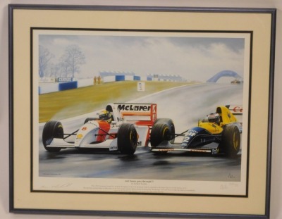 Robert Tomlin. And Senna Goes Through!!!, depicting the 1993 European Grand Prix, signed in pencil by Tom Wheatcroft (Donington Park) and in pencil by the artist 20/750, plate size 27cm x 38cm, and Buccaneer Distributions certificate of authenticity. - 2