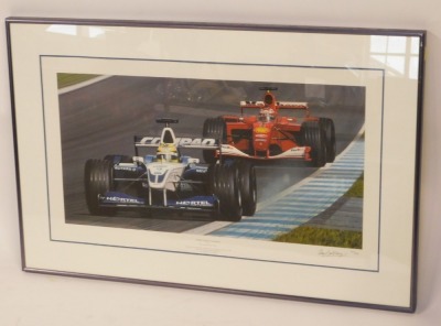 Ray Goldsbrough. Three Times a Winner, depicting Ralph Schumacher winning his third Grand Prix 2001, signed limited edition print, with blind stamp, signed in pencil number 69/500, plate size 31cm x 60cm, with publisher Solomon and Whitehead certificate o - 3