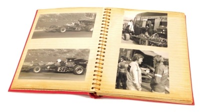 1970's Motor Racing interest, photo album with collection of original black and white photographs, including Sir Jackie Stewart, Emerson Fittipaldi (JPS), Surtees, Marlboro BRM, Mario Andretti (Ferrari), Porsche, etc. To be sold on behalf of the Estate of