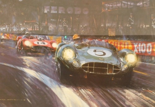 After Nicholas Watts, Aston Martin Victorious - Le Mans 1959, coloured print, signed by the artist, Roy Salvadori and Carroll Shelby (drivers), limited edition of 850, 55cm x 74cm. To be sold on behalf of the Estate of the Late Jeffrey (Jeff) Ward.