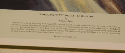 After Nicholas Watts, Aston Martin Victorious - Le Mans 1959, coloured print, signed by the artist, Roy Salvadori and Carroll Shelby (drivers), limited edition of 850, 55cm x 74cm. To be sold on behalf of the Estate of the Late Jeffrey (Jeff) Ward. - 3