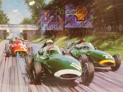 After Nicholas Watts, British Racing Green, coloured print, signed by Sir Stirling Moss, Tony Brooks and Frank Costin, limited edition of 750, 54cm x 73cm. To be sold on behalf of the Estate of the Late Jeffrey (Jeff) Ward.