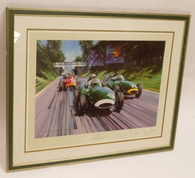 After Nicholas Watts, British Racing Green, coloured print, signed by Sir Stirling Moss, Tony Brooks and Frank Costin, limited edition of 750, 54cm x 73cm. To be sold on behalf of the Estate of the Late Jeffrey (Jeff) Ward. - 4
