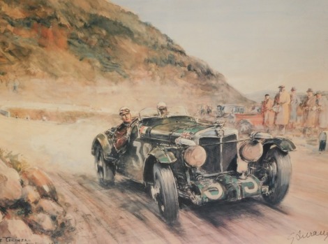 After Bryan De Grineau, Mille Miglia 1933, coloured print, signed by driver Johnny Laurani, 48cm x 70cm. To be sold on behalf of the Estate of the Late Jeffrey (Jeff) Ward.