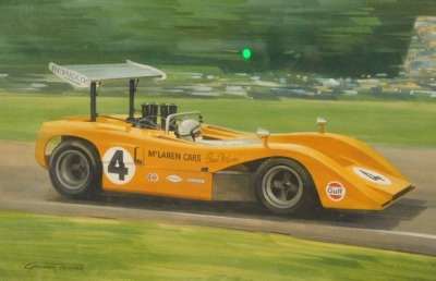 Graham Turner (b.1964). Bruce McLaren in a Canam McLaren M8BS at Watkins Glen in 1969, watercolour with body colour, signed, 24.5cm x 40cm. To be sold on behalf of the Estate of the Late Jeffrey (Jeff) Ward.