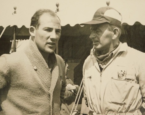 John Farlie, monochrome photograph of Sir Stirling Moss and Alf Francis, signed, 20cm x 25cm. To be sold on behalf of the Estate of the Late Jeffrey (Jeff) Ward.