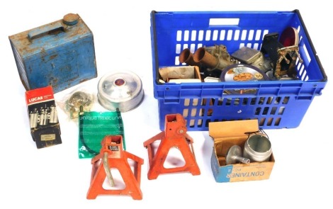 A Weber Carburetor, no.2650, various other car parts, car jack, Esso blue parafin can, etc. (1 crate) To be sold on behalf of the Estate of the Late Jeffrey (Jeff) Ward.