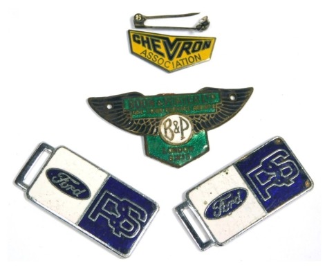 Two Ford RS fobs, Boon & Porter enamelled badge, etc. To be sold on behalf of the Estate of the Late Jeffrey (Jeff) Ward.