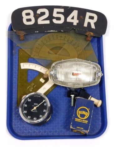 A Smiths car rev chronometric gauge, with chrome lever, motor cycle registration plate (8254R), Lucas car lamp, etc. To be sold on behalf of the Estate of the Late Jeffrey (Jeff) Ward.