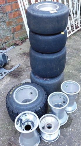 A group of Go-Karting alloys and wheels, to include Dunlop 11.5 x 7.10-6, four Kfia carting alloys with Vecaslz tyres and four loose alloys. (a quantity)