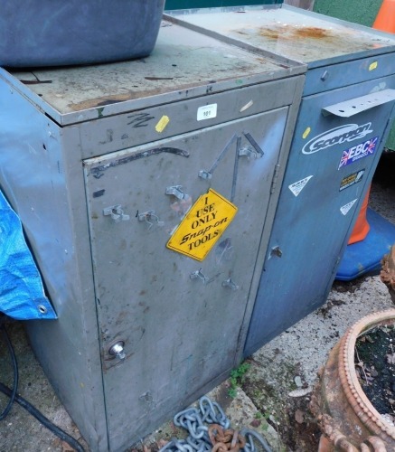 Two metal tool cabins.