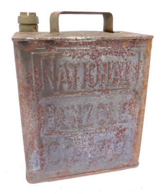 A National Benzol Co Limited petrol can, 32cm high, 23cm wide, 16cm deep.