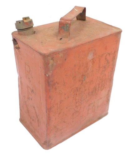 A Pratts Perfection Spirit petrol can, in red, 32cm high, 23cm wide, 16cm deep.