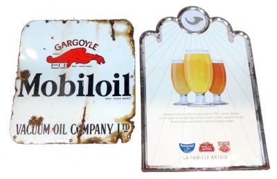 A Gargoyle Mobil oil advertising sign, 42cm high, 40cm wide, and a Stella Artois advertising sign, 55cm high, 42cm wide. (2)