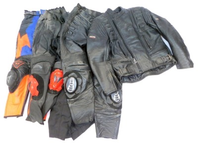 A quantity of motorcycle clothing, red and blue leather jacket, black riding jacket, etc. (1 box)